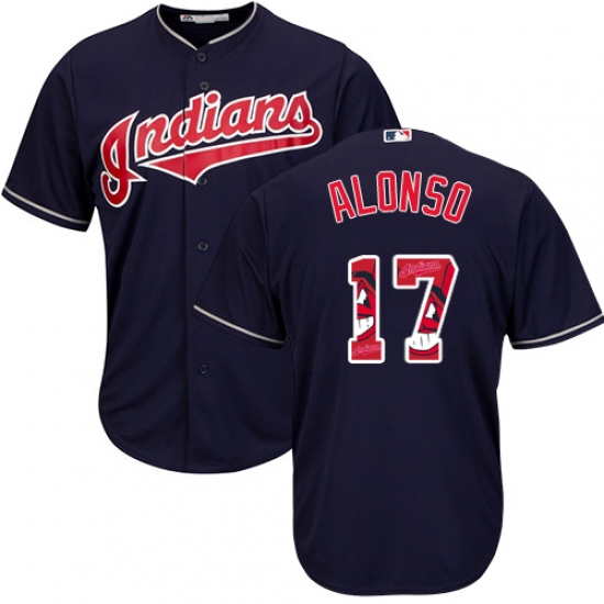 Men's Majestic Cleveland Indians 17 Yonder Alonso Authentic Navy Blue Team Logo Fashion Cool Base MLB Jersey