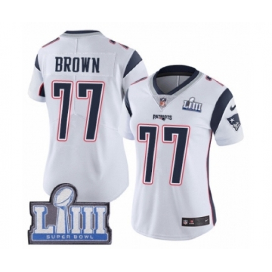 Women's Nike New England Patriots 77 Trent Brown White Vapor Untouchable Limited Player Super Bowl LIII Bound NFL Jersey