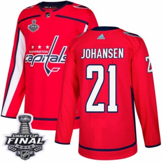 Men's Adidas Washington Capitals 21 Lucas Johansen Premier Red Home 2018 Stanley Cup Final NHL Jersey