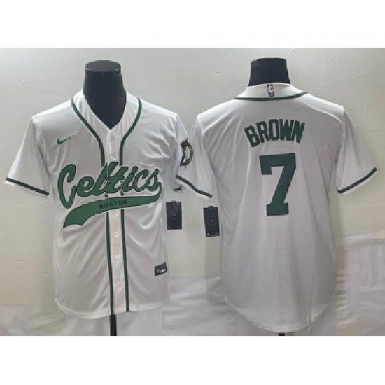 Men's Boston Celtics 7 Jaylen Brown White With Patch Stitched Baseball Jersey