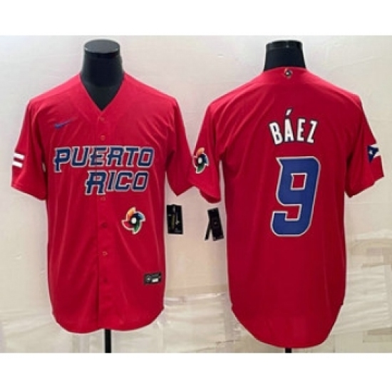 Men's Puerto Rico Baseball 9 Javier Baez 2023 Red World Baseball Classic Stitched Jerseys