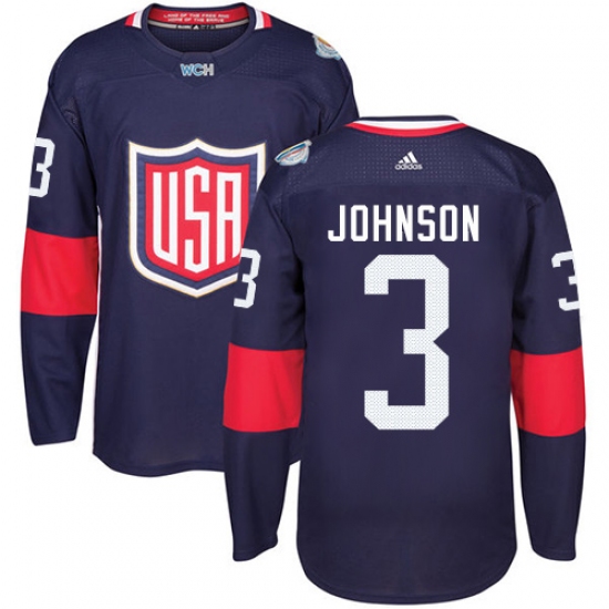 Youth Adidas Team USA 3 Jack Johnson Premier Navy Blue Away 2016 World Cup Ice Hockey Jersey