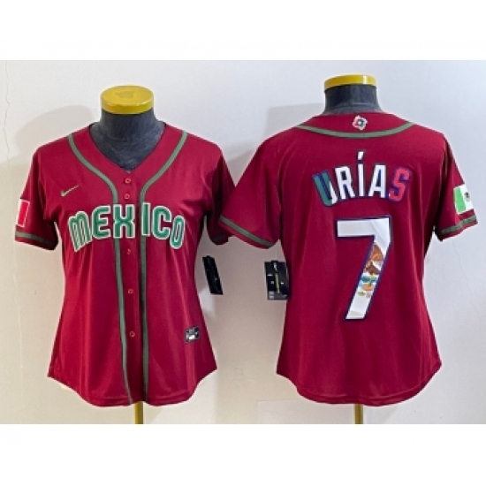 Women's Mexico Baseball 7 Julio Urias Number 2023 Red World Baseball Classic Stitched Jersey10