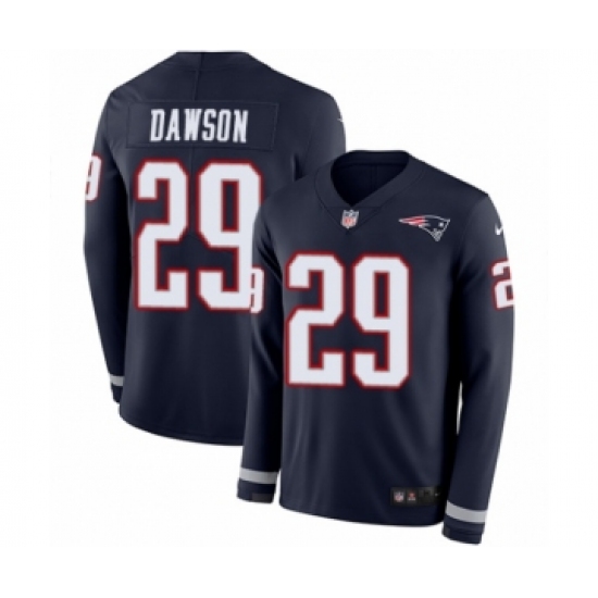 Men's Nike New England Patriots 29 Duke Dawson Limited Navy Blue Therma Long Sleeve NFL Jersey