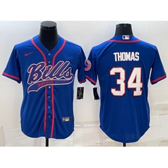 Men's Buffalo Bills 34 Thurman Thomas Blue With Patch Cool Base Stitched Baseball Jersey