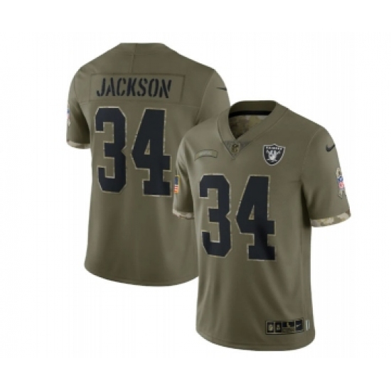 Men's Las Vegas Raiders 34 Bo Jackson 2022 Olive Salute To Service Limited Stitched Jersey