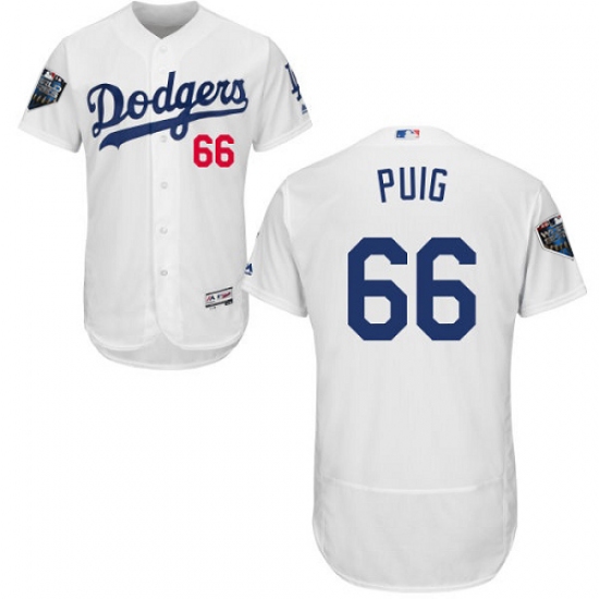 Men's Majestic Los Angeles Dodgers 66 Yasiel Puig White Home Flex Base Authentic Collection 2018 World Series MLB Jersey
