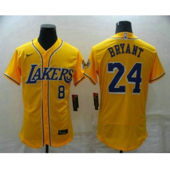Men's Los Angeles Lakers Front 8 Back 24 Kobe Bryant Yellow Cool Base Stitched Baseball Jersey