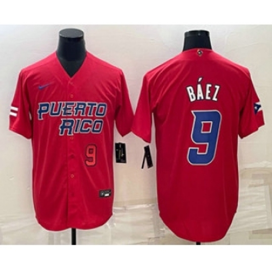 Mens Puerto Rico Baseball 9 Javier Baez Number 2023 Red World Baseball Classic Stitched Jersey