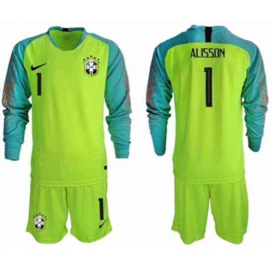 Brazil 1 Alisson Shiny Green Goalkeeper Long Sleeves Soccer Country Jersey
