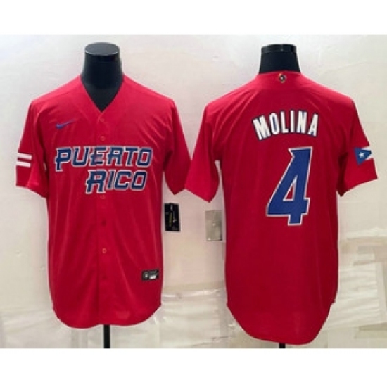 Men's Puerto Rico Baseball 4 Yadier Molina 2023 Red World Baseball Classic Stitched Jerseys