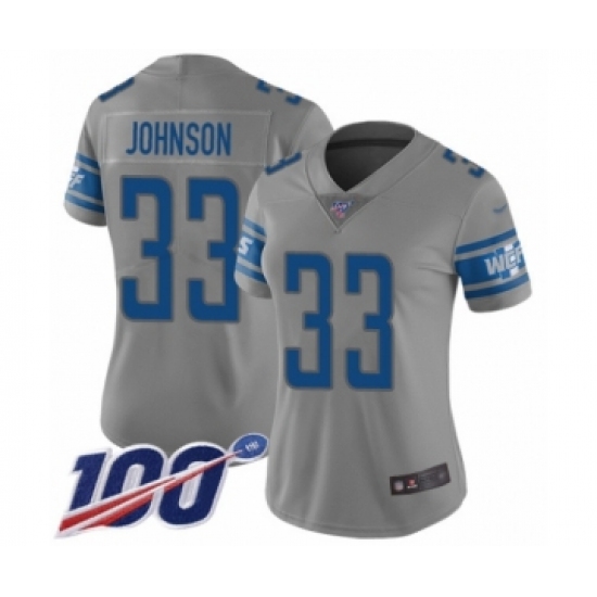 Women's Detroit Lions 33 Kerryon Johnson Limited Gray Inverted Legend 100th Season Football Jersey