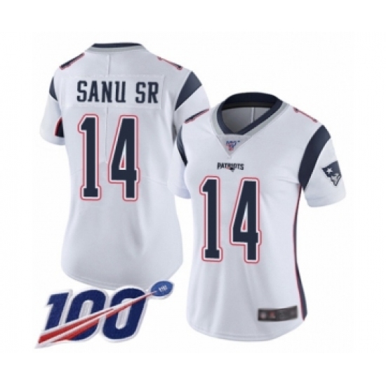 Women's New England Patriots 14 Mohamed Sanu Sr White Vapor Untouchable Limited Player 100th Season Football Jersey