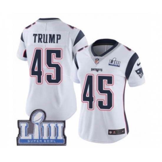 Women's Nike New England Patriots 45 Donald Trump White Vapor Untouchable Limited Player Super Bowl LIII Bound NFL Jersey