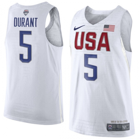 Men's Nike Team USA 5 Kevin Durant Authentic White 2016 Olympic Basketball Jersey