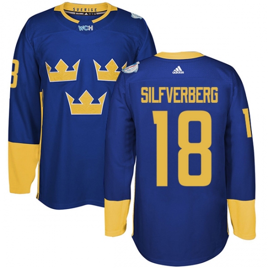 Men's Adidas Team Sweden 18 Jakob Silfverberg Authentic Royal Blue Away 2016 World Cup of Hockey Jersey