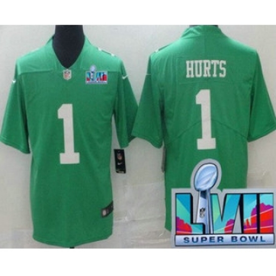 Men's Philadelphia Eagles 1 Jalen Hurts Limited Green Rush Super Bowl LVII Vapor Jersey