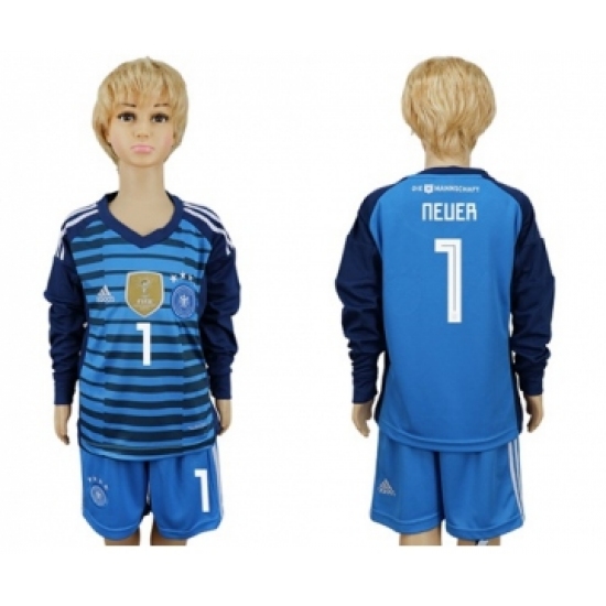 Germany 1 Neuer Blue Long Sleeves Kid Soccer Country Jersey
