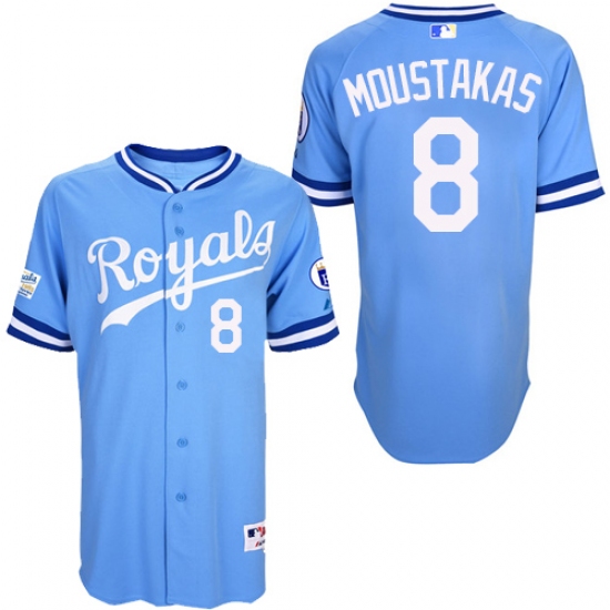 Men's Majestic Kansas City Royals 8 Mike Moustakas Authentic Light Blue 1985 Turn Back The Clock MLB Jersey