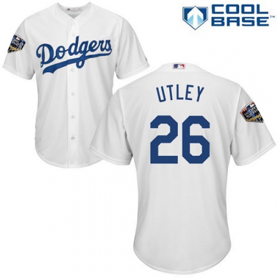 Youth Majestic Los Angeles Dodgers 26 Chase Utley Authentic White Home Cool Base 2018 World Series MLB Jersey