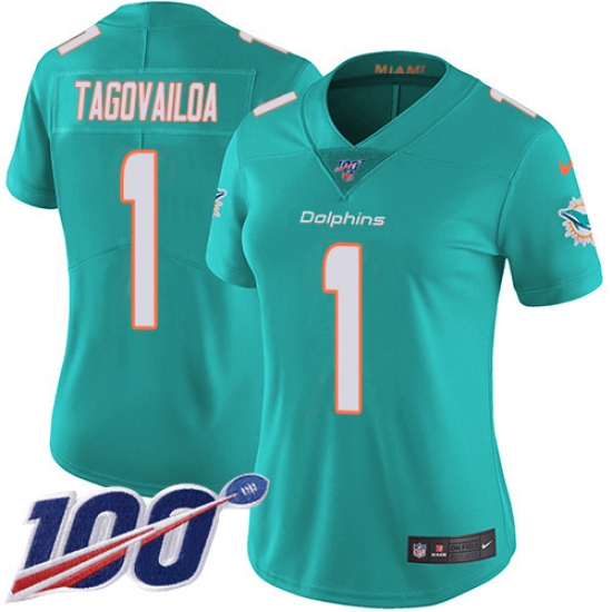 Women's Miami Dolphins 1 Tua Tagovailoa Aqua Green Team Color Stitched 100th Season Vapor Untouchable Limited Jersey