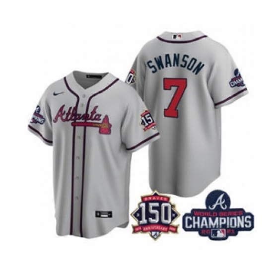 Men's Atlanta Braves 7 Dansby Swanson 2021 Gray World Series Champions With 150th Anniversary Patch Cool Base Stitched Jersey