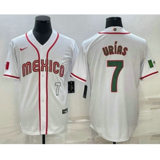 Mens Mexico Baseball 7 Julio Urias Number 2023 White Blue World Baseball Classic Stitched Jersey