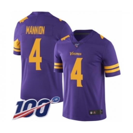 Men's Minnesota Vikings 4 Sean Mannion Limited Purple Rush Vapor Untouchable 100th Season Football Jersey