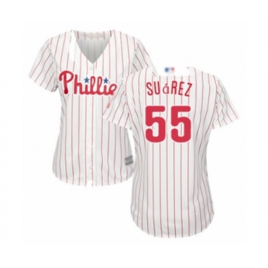Women's Philadelphia Phillies 55 Ranger Suarez Authentic White Red Strip Home Cool Base Baseball Player Jersey