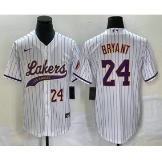 Men's Los Angeles Lakers 24 Kobe Bryant White Pinstripe Cool Base Stitched Baseball Jersey2