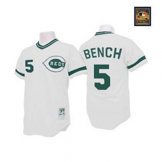Men's Mitchell and Ness Cincinnati Reds 5 Johnny Bench Authentic White(Green Patch) Throwback MLB Jersey
