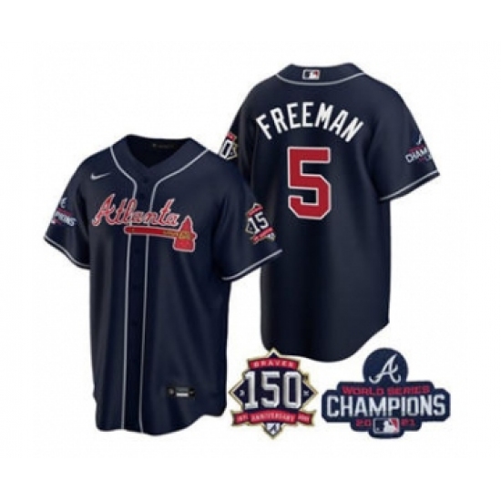 Men's Atlanta Braves 5 Freddie Freeman 2021 Navy World Series Champions With 150th Anniversary Patch Cool Base Stitched Jersey