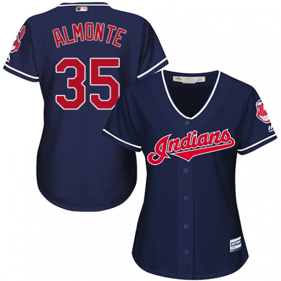 Women's Majestic Cleveland Indians 35 Abraham Almonte Authentic Navy Blue Alternate 1 Cool Base MLB Jersey