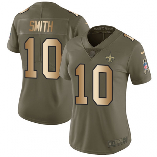 Women's Nike New Orleans Saints 10 Tre'Quan Smith Limited Olive Gold 2017 Salute to Service NFL Jersey