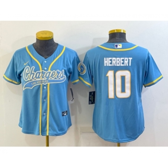 Women's Los Angeles Chargers 10 Justin Herbert Blue With Patch Cool Base Stitched Baseball Jersey