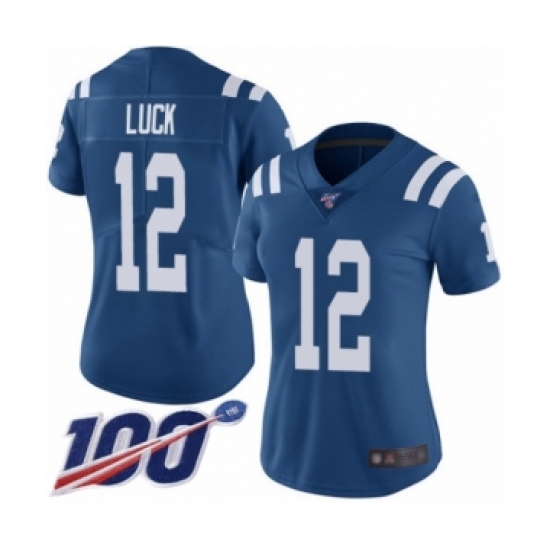 Women's Nike Indianapolis Colts 12 Andrew Luck Royal Blue Team Color Vapor Untouchable Limited Player 100th Season NFL Jersey