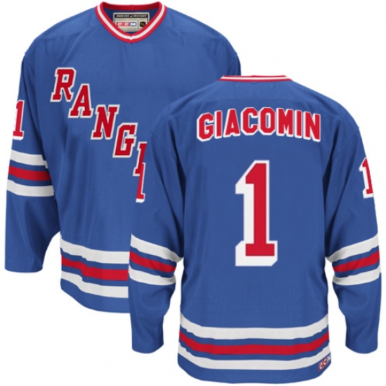 Men's CCM New York Rangers 1 Eddie Giacomin Authentic Royal Blue Heroes of Hockey Alumni Throwback NHL Jersey