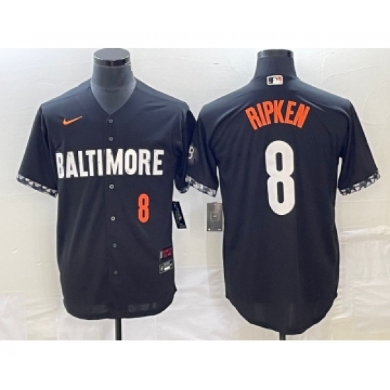 Men's Baltimore Orioles 8 Cal Ripken Jr Number Black 2023 City Connect Cool Base Stitched Jersey 1