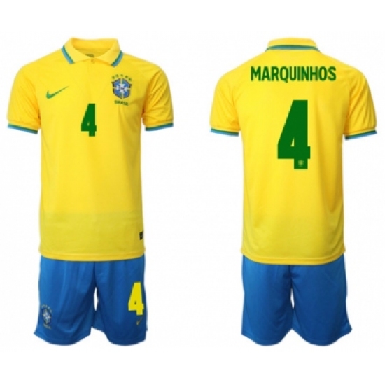 Men's Brazil 4 Marquinhos Yellow Home Soccer Jersey Suit