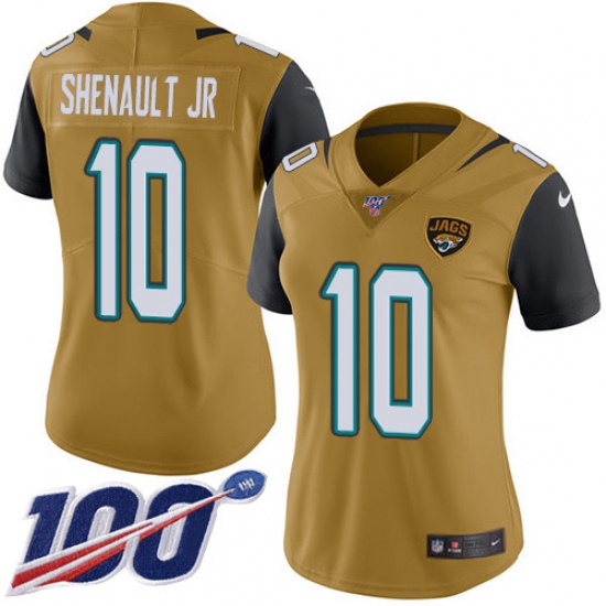 Women's Jacksonville Jaguars 10 Laviska Shenault Jr. Gold Stitched Limited Rush 100th Season Jersey