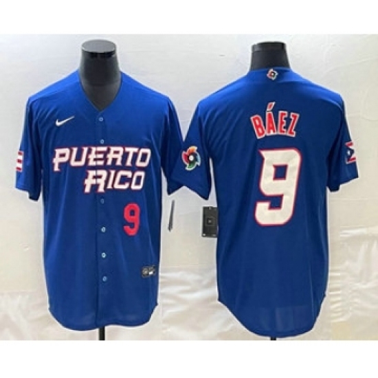 Mens Puerto Rico Baseball 9 Javier Baez Number 2023 Blue World Baseball Classic Stitched Jersey