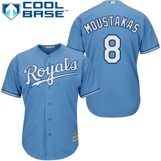 Youth Majestic Kansas City Royals 8 Mike Moustakas Authentic Light Blue Alternate 1 Cool Base MLB Jersey