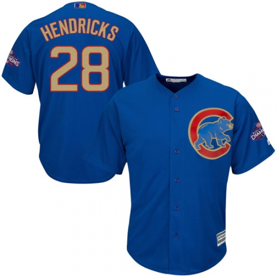 Youth Majestic Chicago Cubs 28 Kyle Hendricks Authentic Royal Blue 2017 Gold Champion Cool Base MLB Jersey