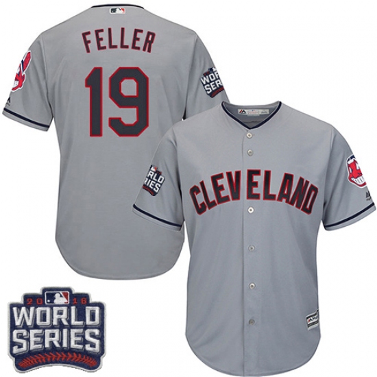 Youth Majestic Cleveland Indians 19 Bob Feller Authentic Grey Road 2016 World Series Bound Cool Base MLB Jersey
