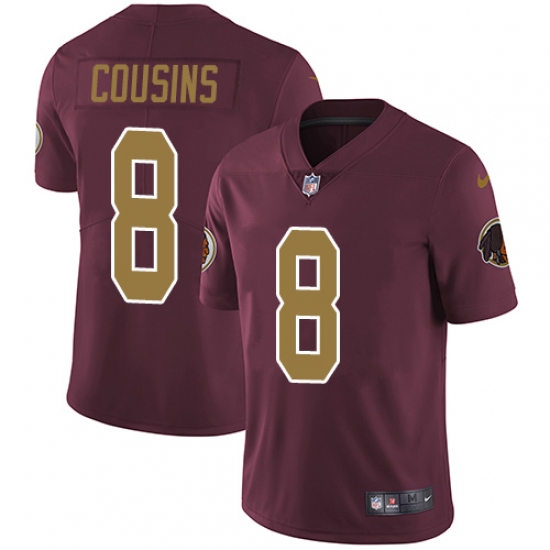 Youth Nike Washington Redskins 8 Kirk Cousins Burgundy Red/Gold Number Alternate 80TH Anniversary Vapor Untouchable Limited Player NFL Jersey