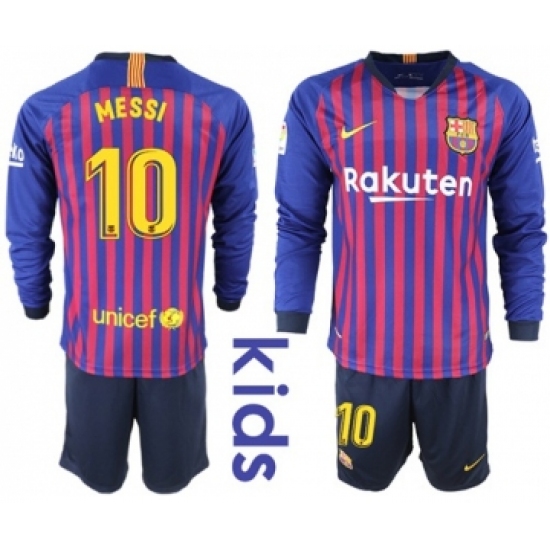 Barcelona 10 Messi Home Long Sleeves Kid Soccer Club Jersey