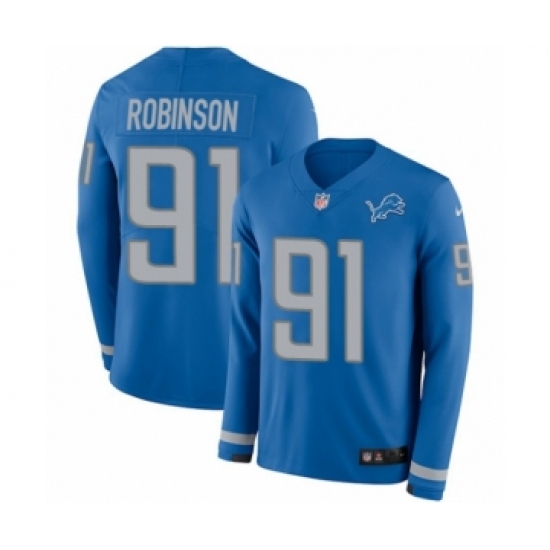 Youth Nike Detroit Lions 91 A'Shawn Robinson Limited Blue Therma Long Sleeve NFL Jersey