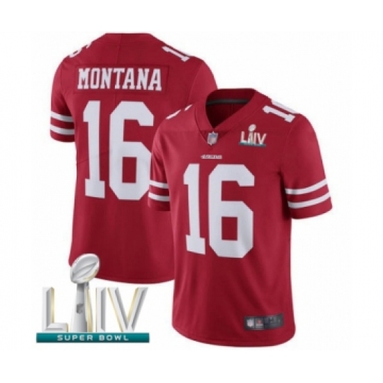 Men's San Francisco 49ers 16 Joe Montana Red Team Color Vapor Untouchable Limited Player Super Bowl LIV Bound Football Jersey