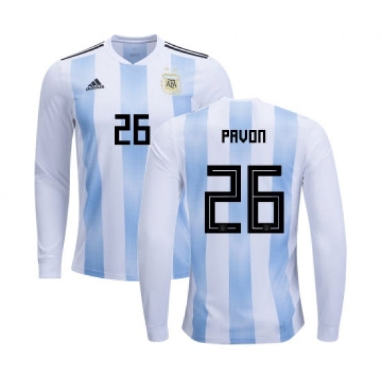 Argentina 26 Pavon Home Long Sleeves Kid Soccer Country Jersey