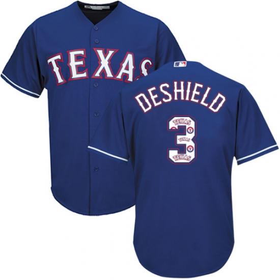 Men's Majestic Texas Rangers 3 Delino DeShields Authentic Royal Blue Team Logo Fashion Cool Base MLB Jersey